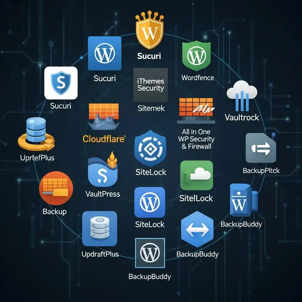 WordPress Website Security Services 1 Collection of WordPress security tools icons including plugins and firewalls