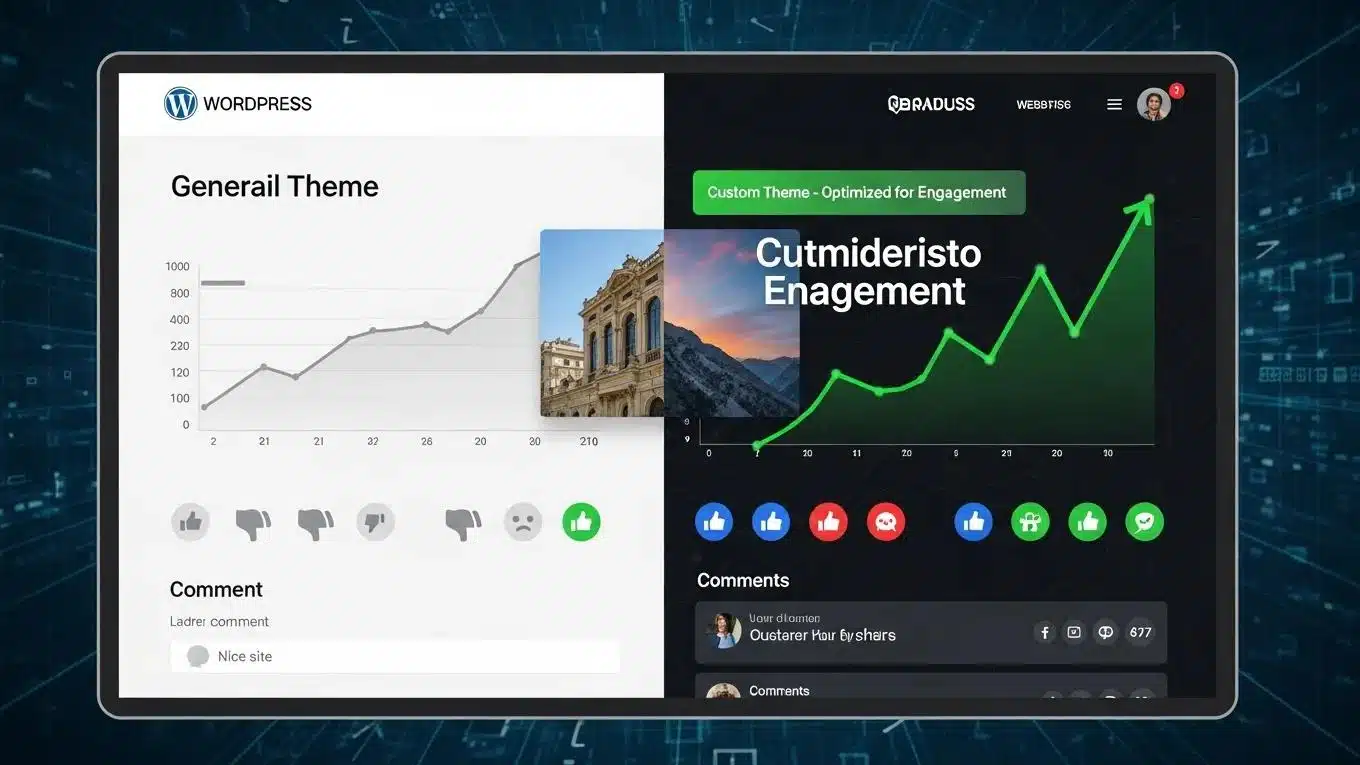 Crafting Custom WordPress Themes for Your Unique Needs 1 Comparison of generic vs. custom WordPress themes highlighting user engagement and performance