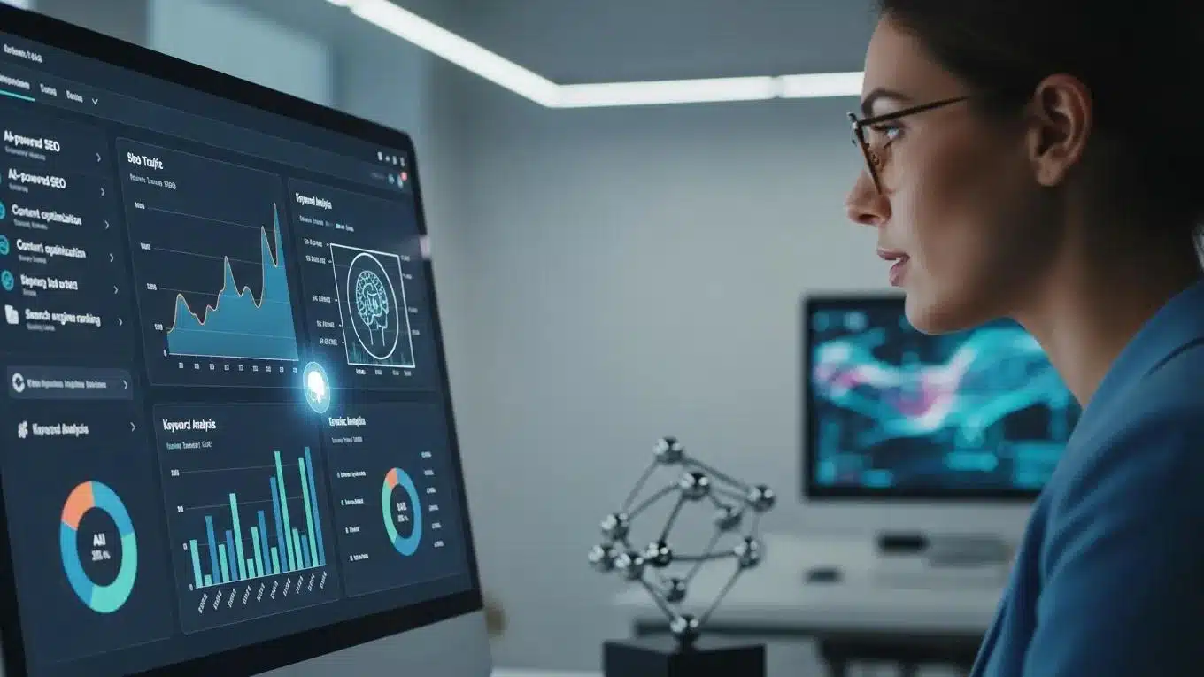 What Is a Managed AI Website Creation Service and Why Does Your Business Need One? 2 Digital marketing professional analyzing SEO metrics on a computer screen, showcasing the integration of AI in website optimization