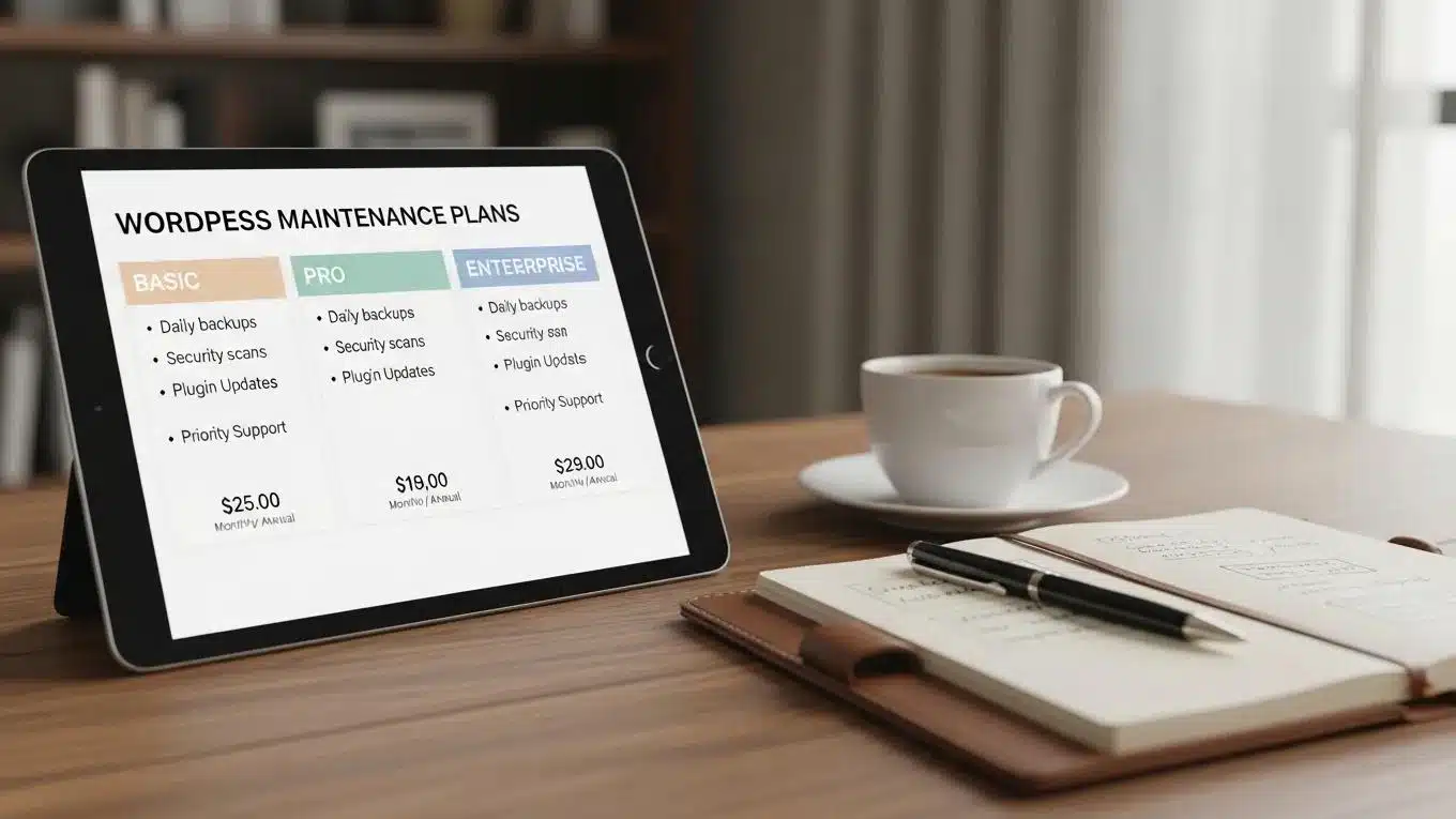 Emergency WordPress Troubleshooting Services in Florida 2 Digital tablet showcasing WordPress maintenance plans and pricing options