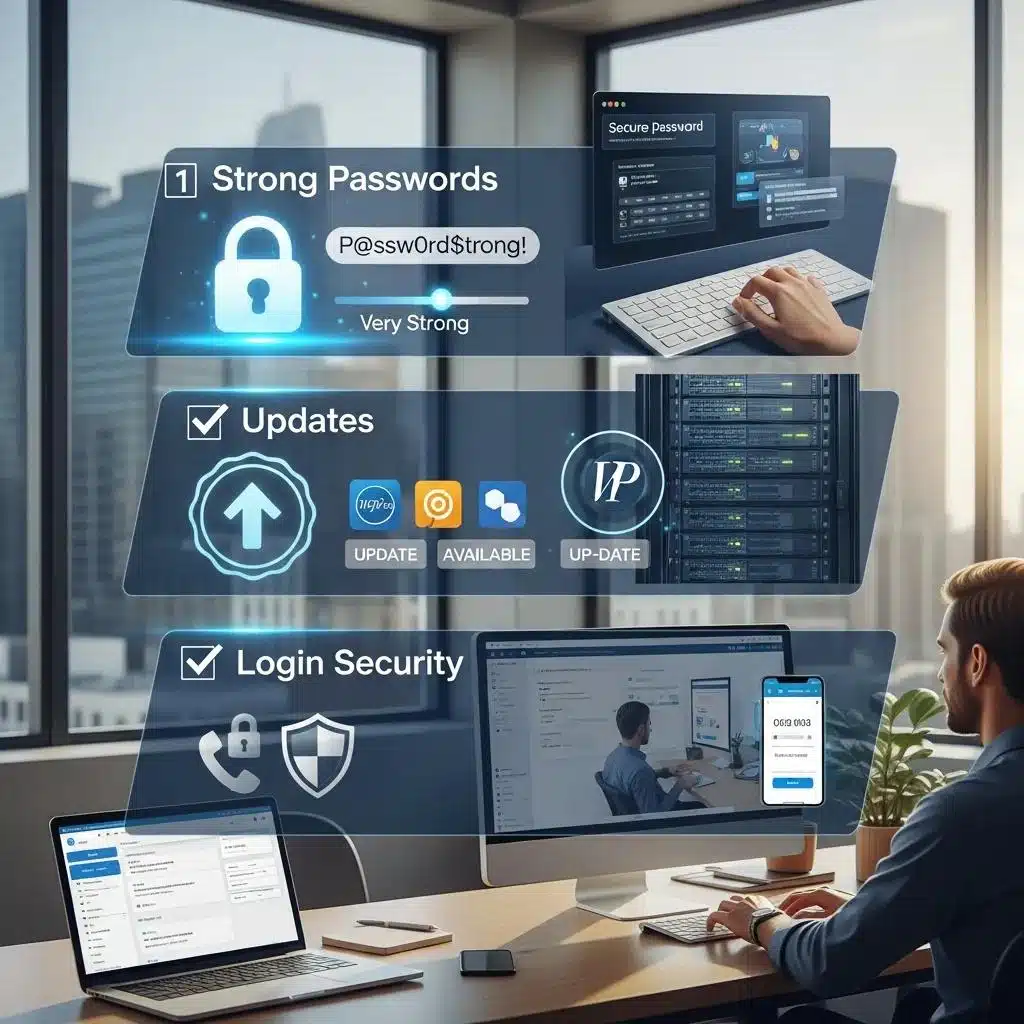 WordPress Website Security Services 2 Illustration of best practices for WordPress site security with checklist elements