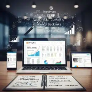 Laptop with website analytics dashboard and SEO elements illustrating WordPress SEO techniques