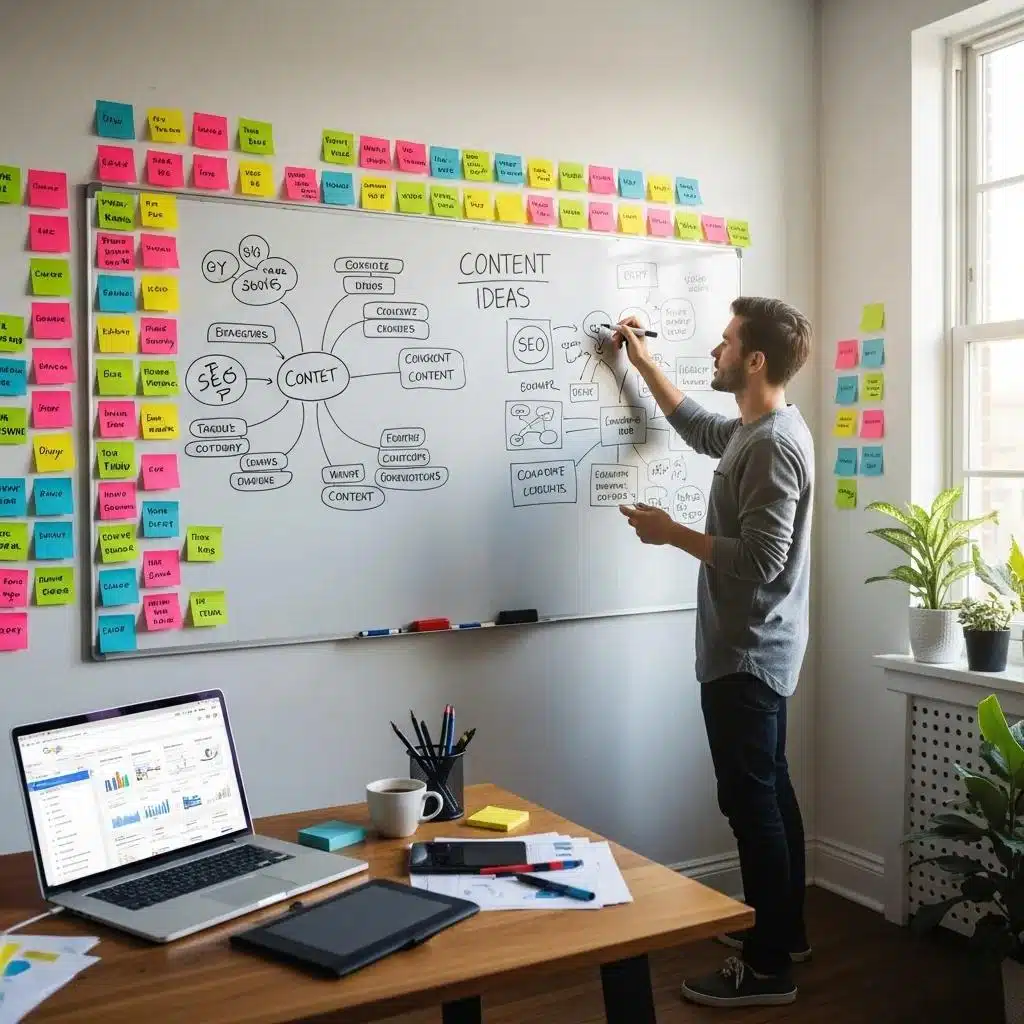 Unlock WordPress SEO Success With Expert Support 2 Person brainstorming content ideas in a creative workspace, highlighting content strategy for SEO