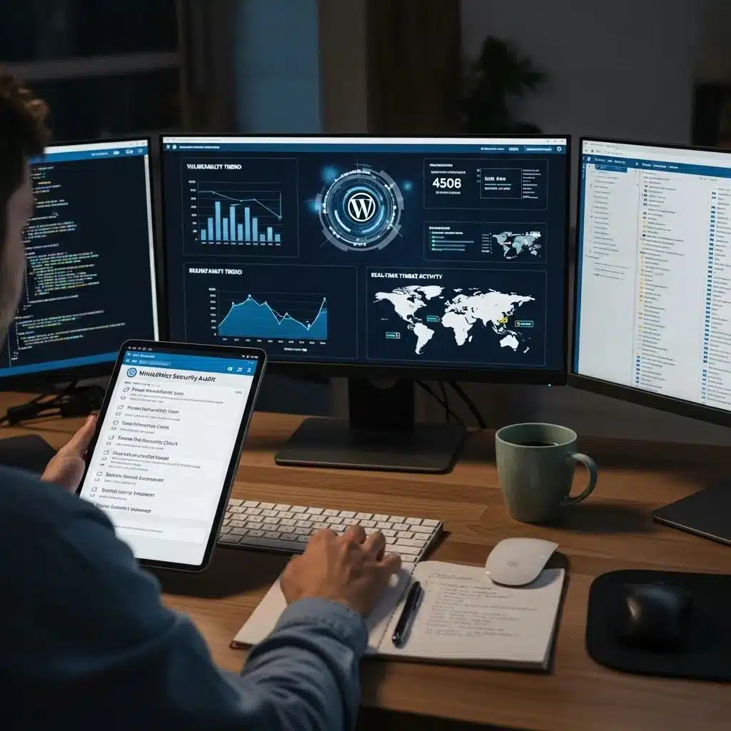WordPress Website Security Services 2 Person conducting a security audit with a checklist and digital metrics