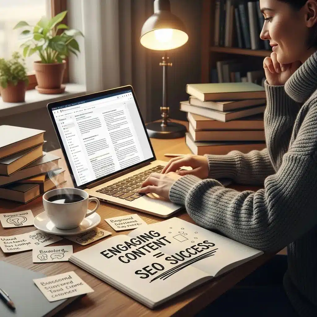 Effective Strategies for Boosting WordPress SEO Performance 2 Person creating high-quality content on a laptop in a cozy workspace