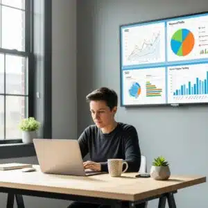 Person working on a laptop in a modern workspace, emphasizing WordPress SEO success