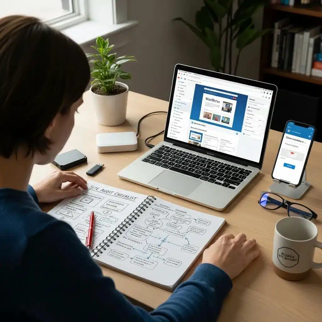WordPress Plugin Management: How to Keep Your Site Fast, Secure, and Stable in 2026 2 Person working on WordPress troubleshooting with tools and notes