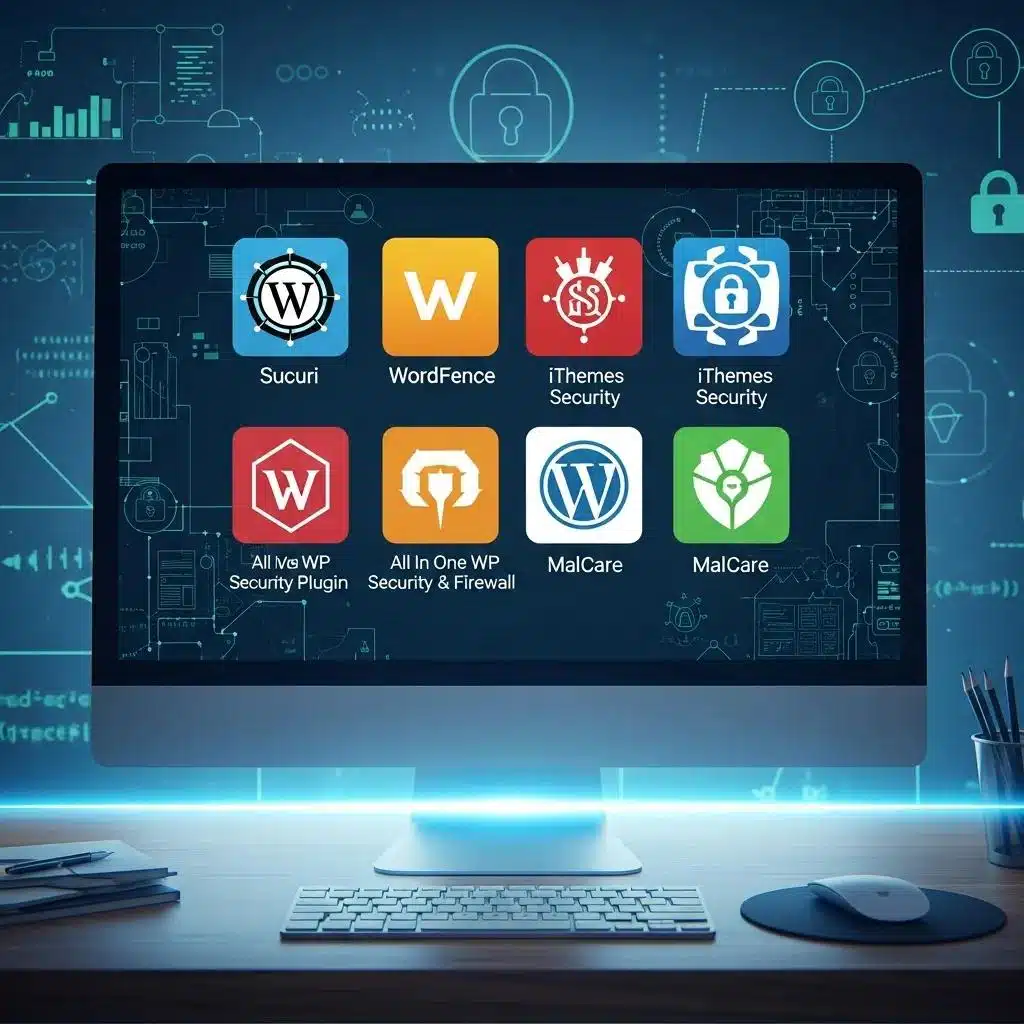 WordPress Website Security Services 1 Selection of WordPress security plugins displayed on a computer screen