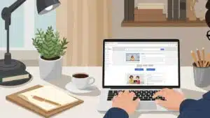 Small business owner using an AI website builder on a laptop in a cozy office