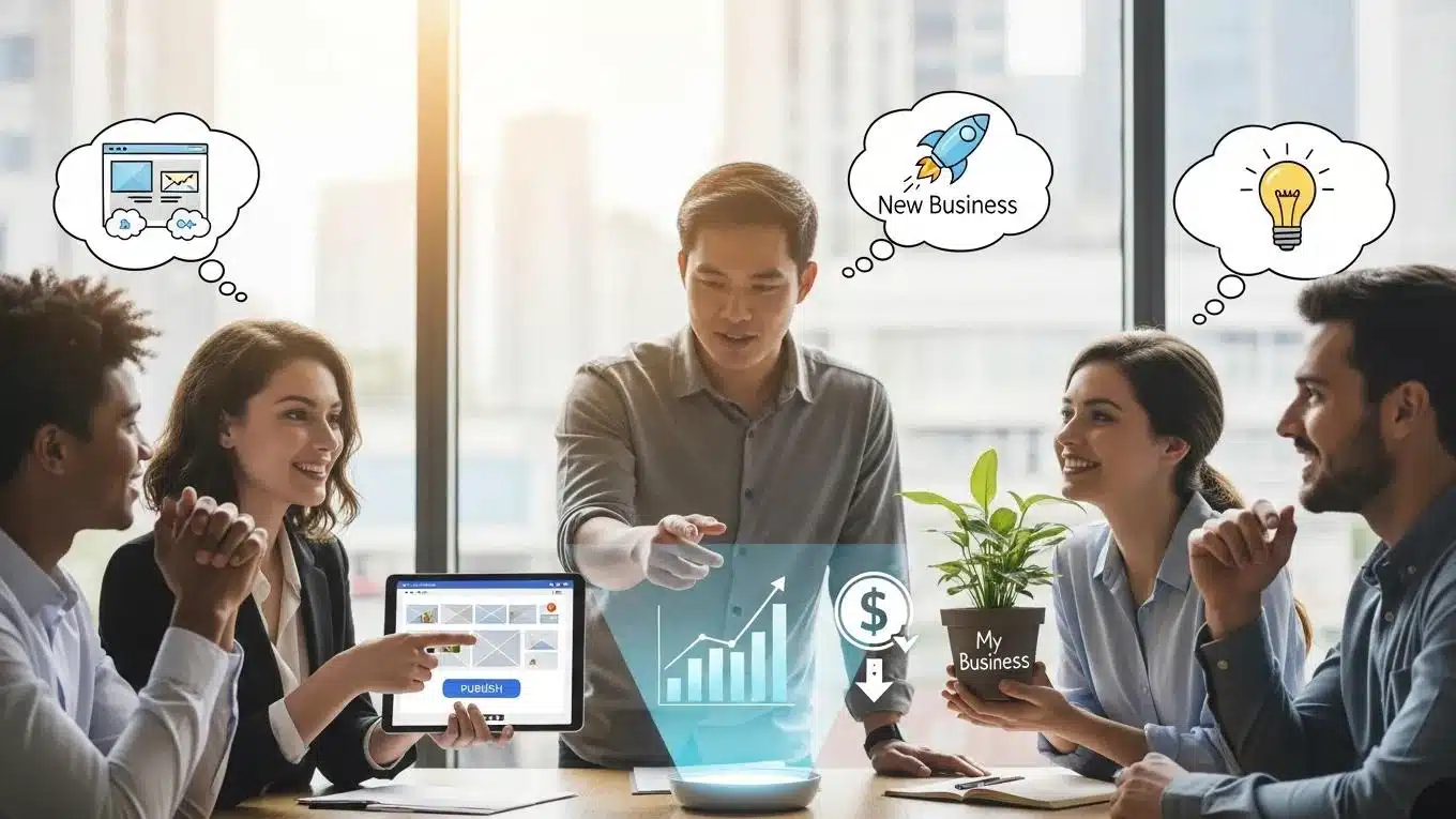 AI Website Builder for Small Business USA: Build Smarter With Expert Support 1 Small business owners discussing the benefits of AI website builders in a collaborative setting