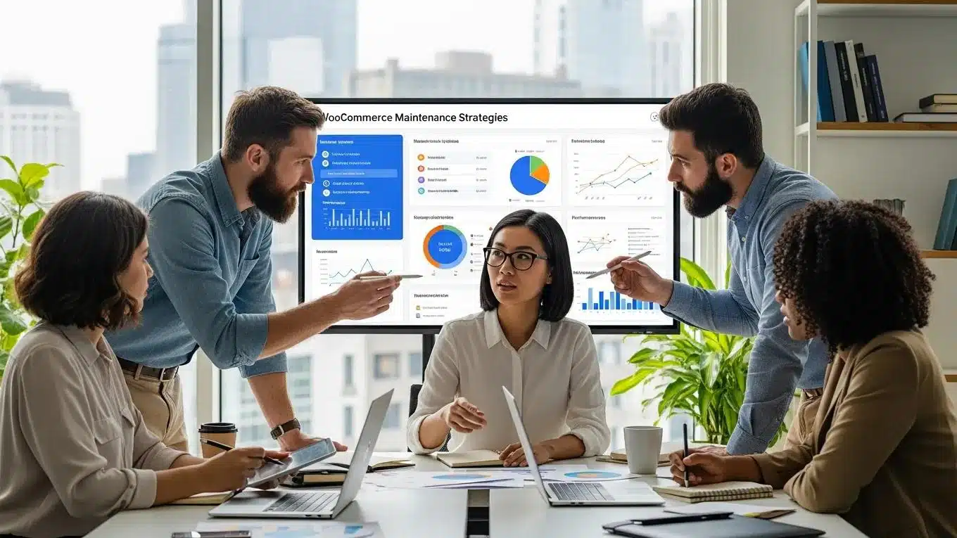 WooCommerce Support and Maintenance for US Online Stores: Complete Guide 2026 1 Team discussing WooCommerce maintenance strategies in a modern office