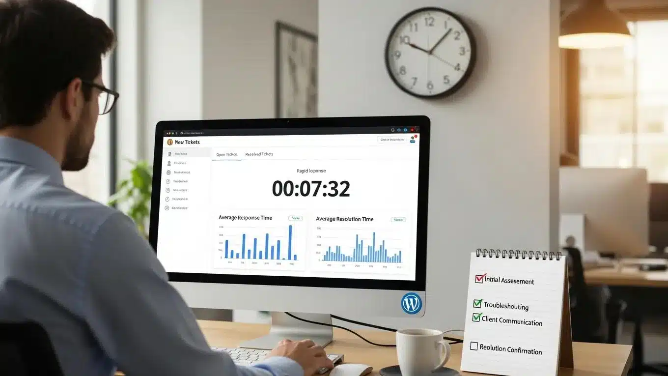 How Quickly Can Your WordPress Support Team Resolve Urgent Issues or Downtime? 2 Technician tracking WordPress support ticket lifecycle and response times