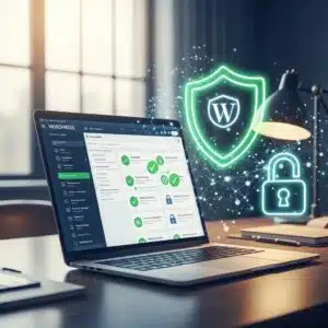 WordPress website security environment with a laptop, shield, and lock
