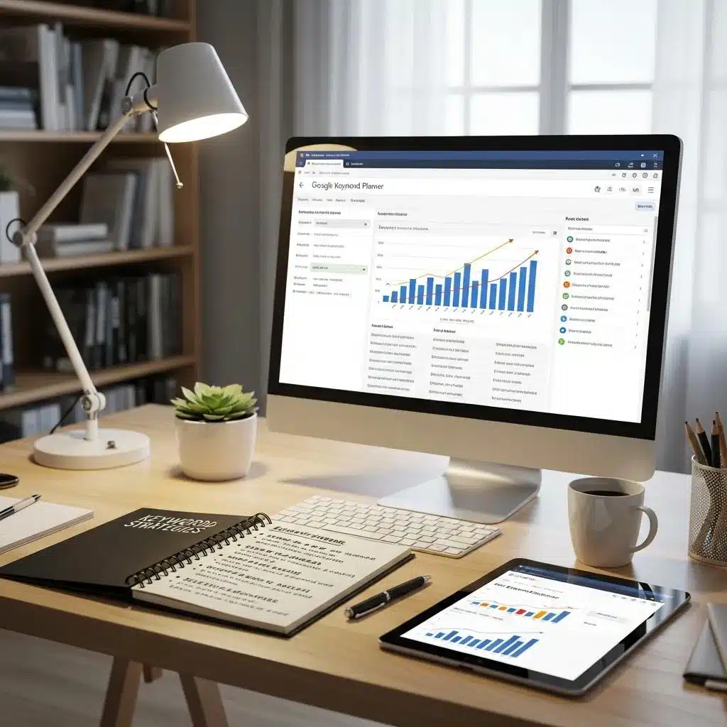 Effective Strategies for Boosting WordPress SEO Performance 1 Workspace with computer screen showing keyword optimization tools for WordPress SEO