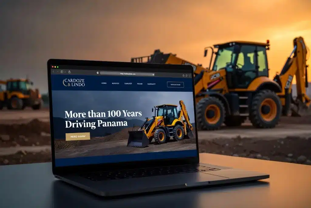 Laptop displaying a website about heavy machinery with construction equipment in the background.