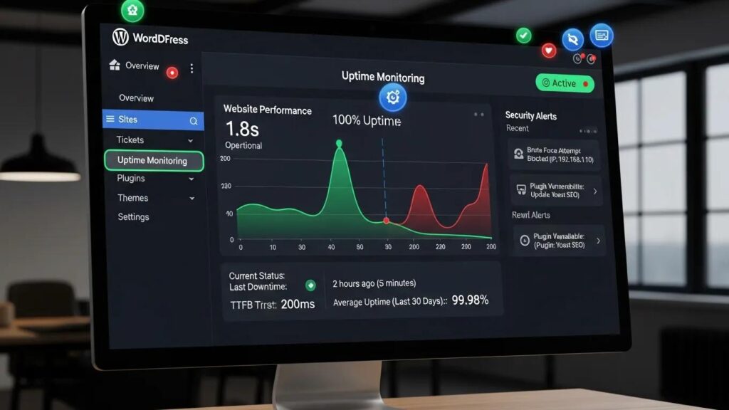 24/7 WordPress support dashboard with uptime monitoring