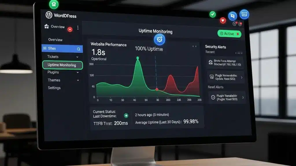 24/7 WordPress support dashboard with uptime monitoring