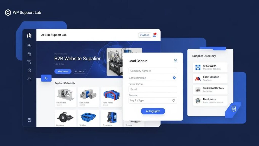 AI website builder dashboard showcasing industrial supplier homepage with product catalog and lead capture form