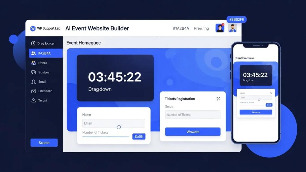 AI website builder for event sites dashboard showcasing drag-and-drop functionality and event registration features