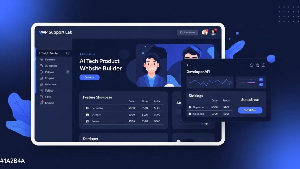 AI website builder for tech product sites interface showcasing modern design elements and WP Support Lab branding