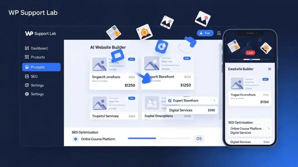 AI Website Builder: Expertise Storefront 5 AI website builder interface showcasing real-time expertise storefront generation with product listings and SEO tags
