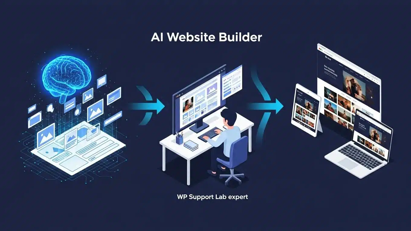 Best AI Website Builder for Small Business USA: Why Managed Support Wins 1 AI website builder pipeline illustrating design generation, expert review, and site launch
