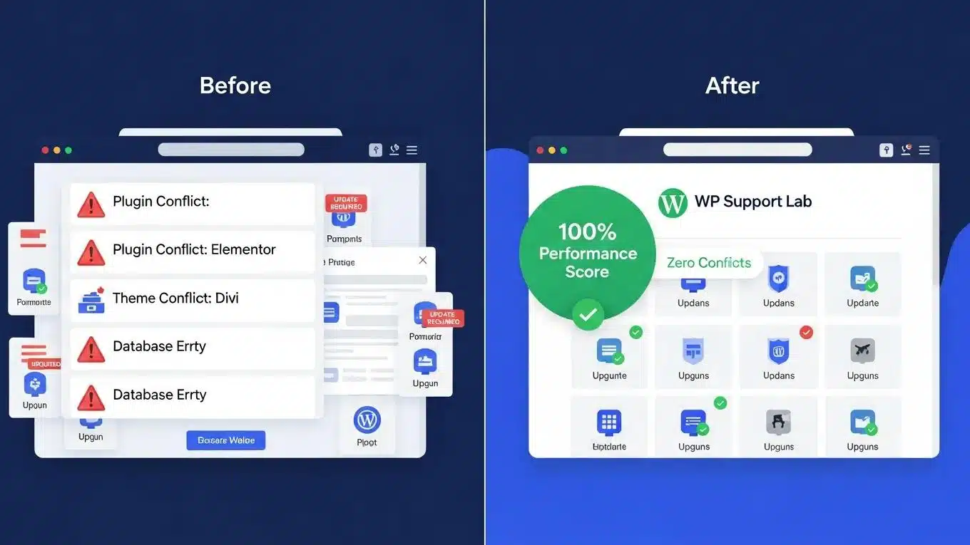 WordPress Plugin Management 2026 2 Before and after comparison of WordPress site plugin management showcasing outdated versus current plugins