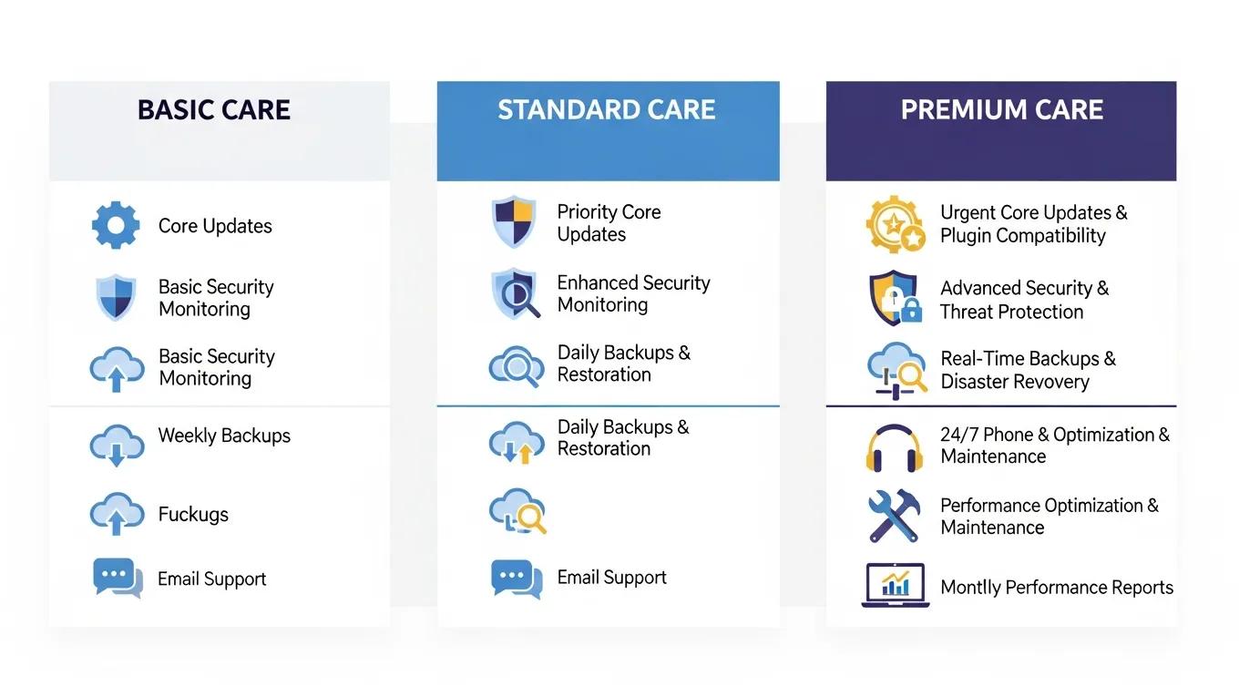 WordPress Maintenance Cost: 4 Powerful Pricing Plans 1 Breakdown of WordPress care plan features highlighting essential services