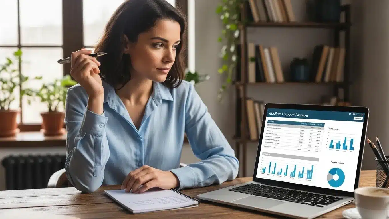 What Is the Pricing Structure for Your WordPress Support Services and Packages? 2 Business owner evaluating WordPress support packages in a cozy office