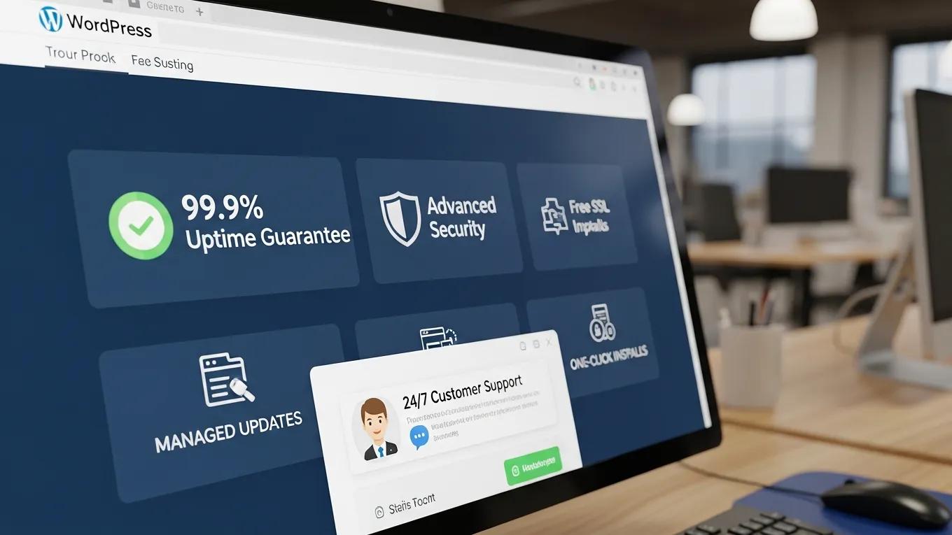Choosing the Best WordPress Hosting Provider 1 Close-up of computer screen highlighting key WordPress hosting features