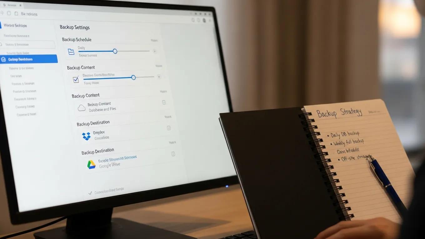 Backing Up Your WordPress Site Safely: 5 Proven Steps 2 Close-up of WordPress dashboard showing automated backup scheduling settings with a notepad