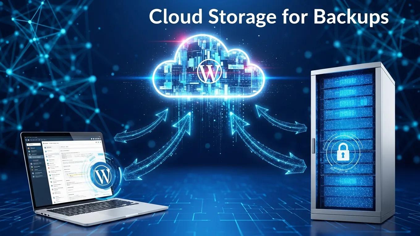 WordPress Backup Solutions: Complete Protection Guide 2026 2 Cloud storage for WordPress backups with data transfer arrows and a laptop