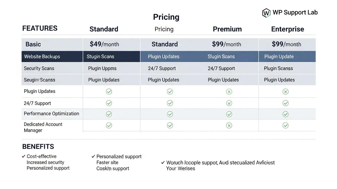 WordPress Maintenance Benefits: Why Professional Care Drives Business Growth 2 Comparison chart of WP Support Lab care plans highlighting features and pricing
