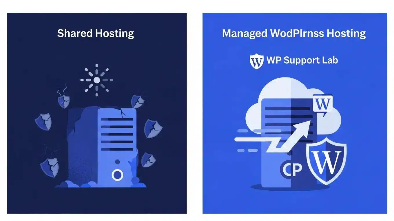 WordPress Hosting Guide 2026 2 Comparison illustration of shared hosting versus managed WordPress hosting highlighting performance and security