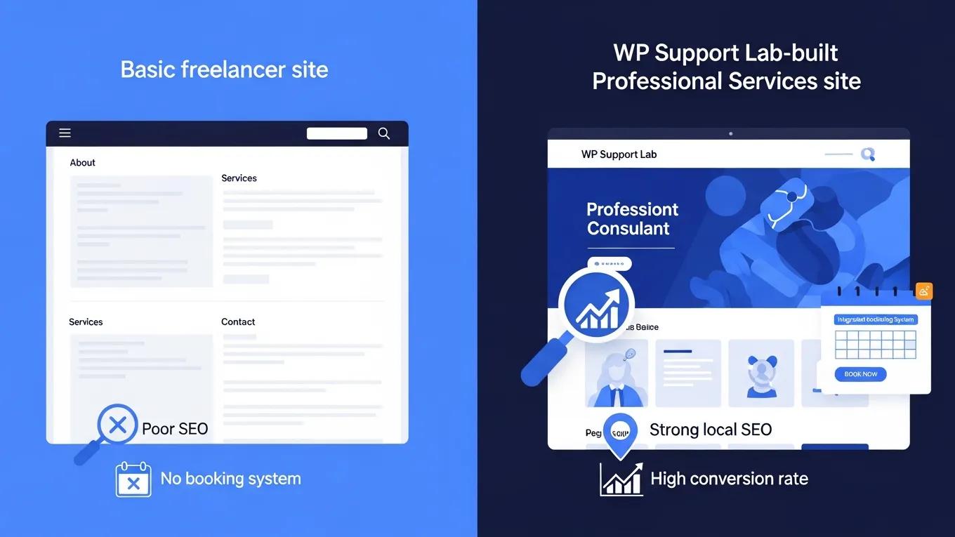 Professional Services Website Builder 2 Comparison of a basic freelancer site and a WP Support Lab-built professional services site highlighting integrated scheduling and SEO