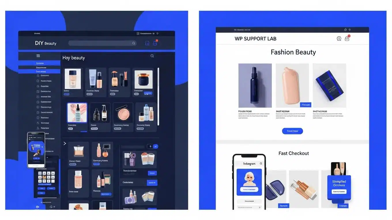 Fashion Beauty Website Builder 2 Comparison of a generic DIY beauty site and a WP Support Lab-built fashion beauty site showcasing design and functionality differences
