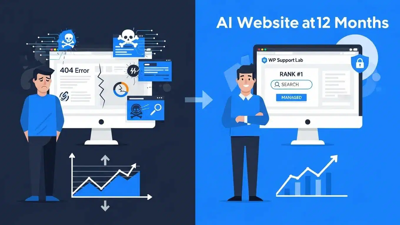 What Happens After Your AI Website Goes Live: Why You Need Expert Support 2 Comparison of AI website owners at 12 months: one without support and one managed by WP Support Lab