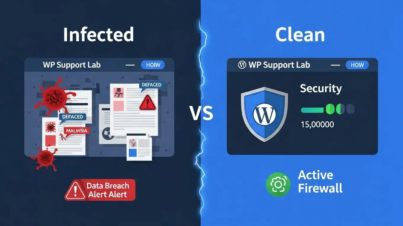 WordPress Malware Removal 2026 2 Comparison of an infected WordPress site with malware warnings and a clean site with security features