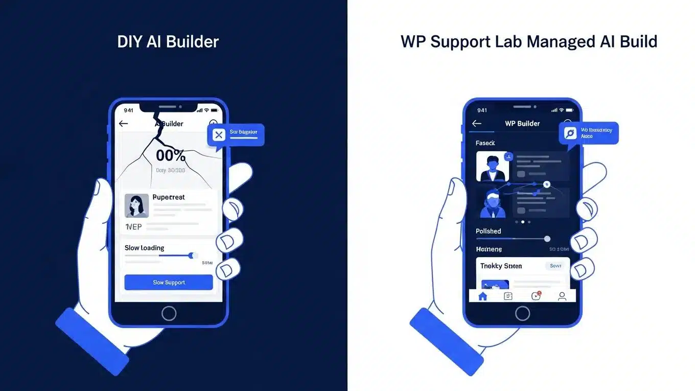 Best AI Website Builder for Small Business USA: Why Managed Support Wins 2 Comparison of DIY AI builder result versus WP Support Lab managed AI build