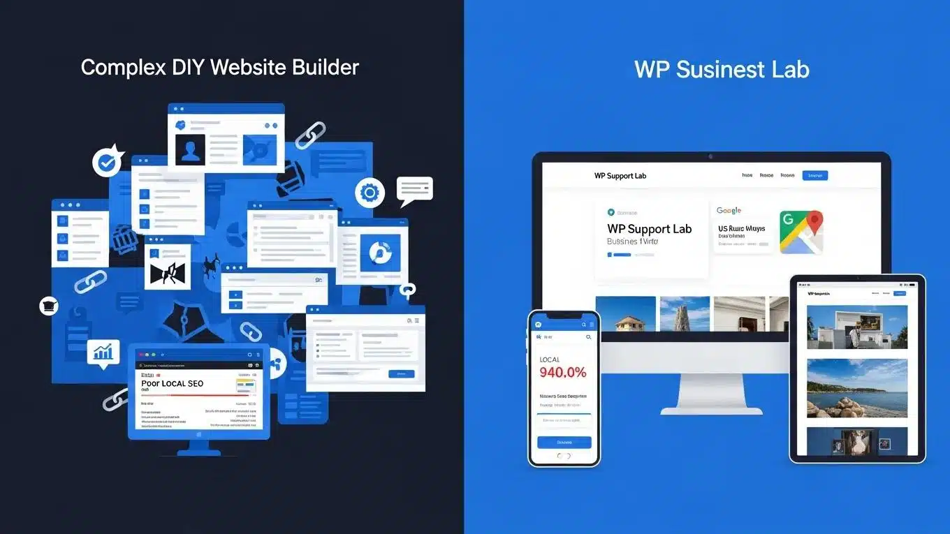 US Business Website Builder 2 Comparison of DIY website builder and WP Support Lab US business site illustrating local SEO effectiveness and professional design