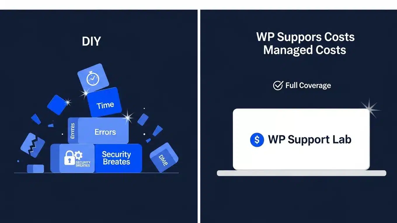 WordPress Website Cost 2026 2 Comparison of DIY WordPress costs versus WP Support Lab managed costs highlighting hidden expenses and predictable pricing