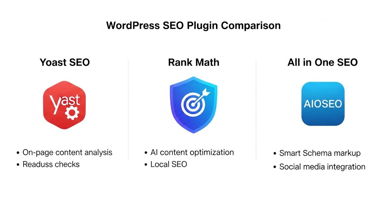 Optimizing WordPress SEO for Better Rankings: 6 Expert Tips 1 Comparison of essential WordPress SEO plugins highlighting features and benefits