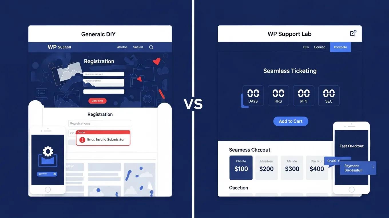AI Website Builder for Event Sites: Create Beautiful Event Pages Fast 2 Comparison of generic DIY event site and WP Support Lab-built event site highlighting design and functionality differences