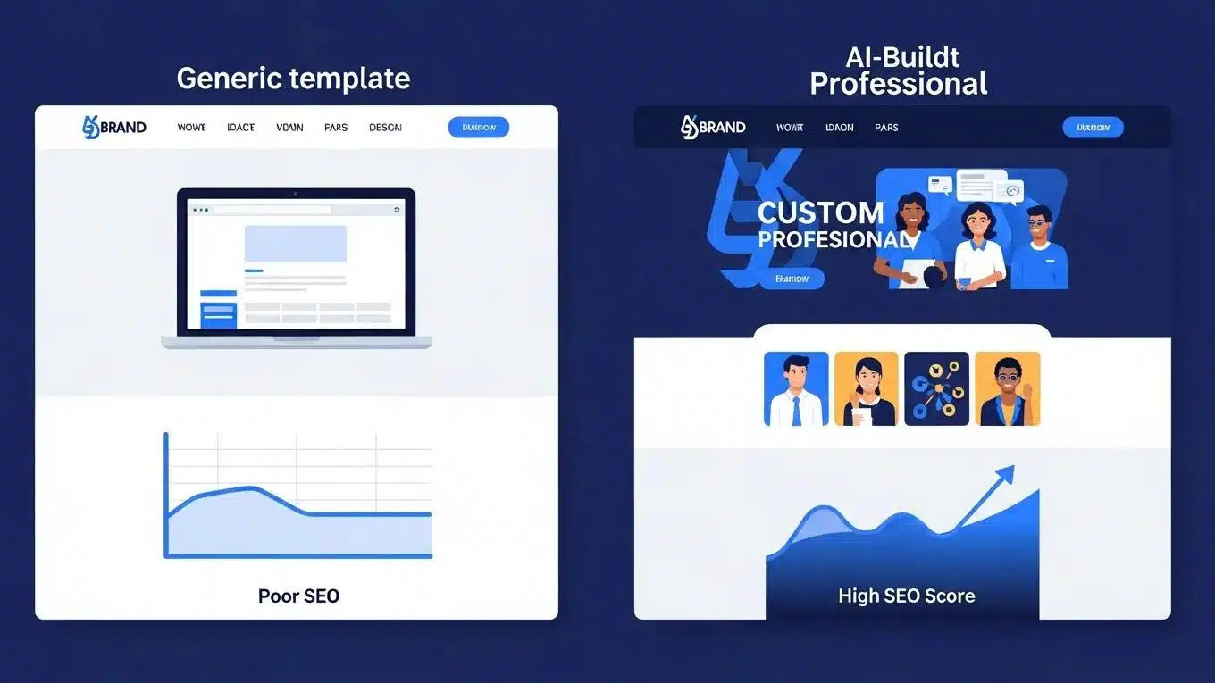 Professional AI Website Builder: Get a Business Site Live in Days 2 Comparison of generic template website and WP Support Lab AI-built professional site highlighting SEO performance