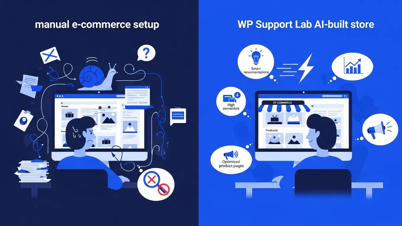 AI Website Builder for eCommerce: Launch Your Online Store With AI 2 Comparison of manual ecommerce setup versus WP Support Lab AI-built store highlighting efficiency and optimization