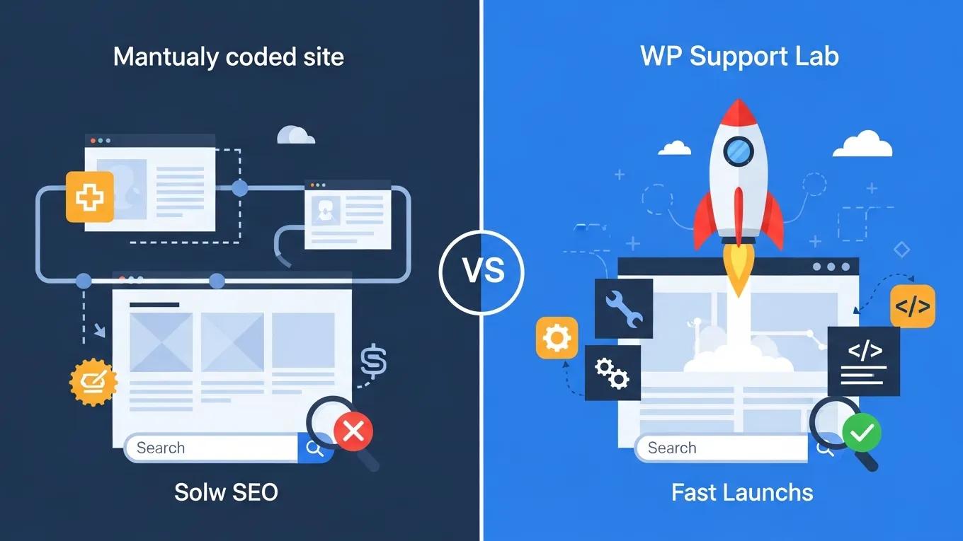 AI Website Builder for Tech Startups: Launch Fast With Expert Support 2 Comparison of manually coded tech site versus WP Support Lab AI-built tech product site highlighting development speed and design quality