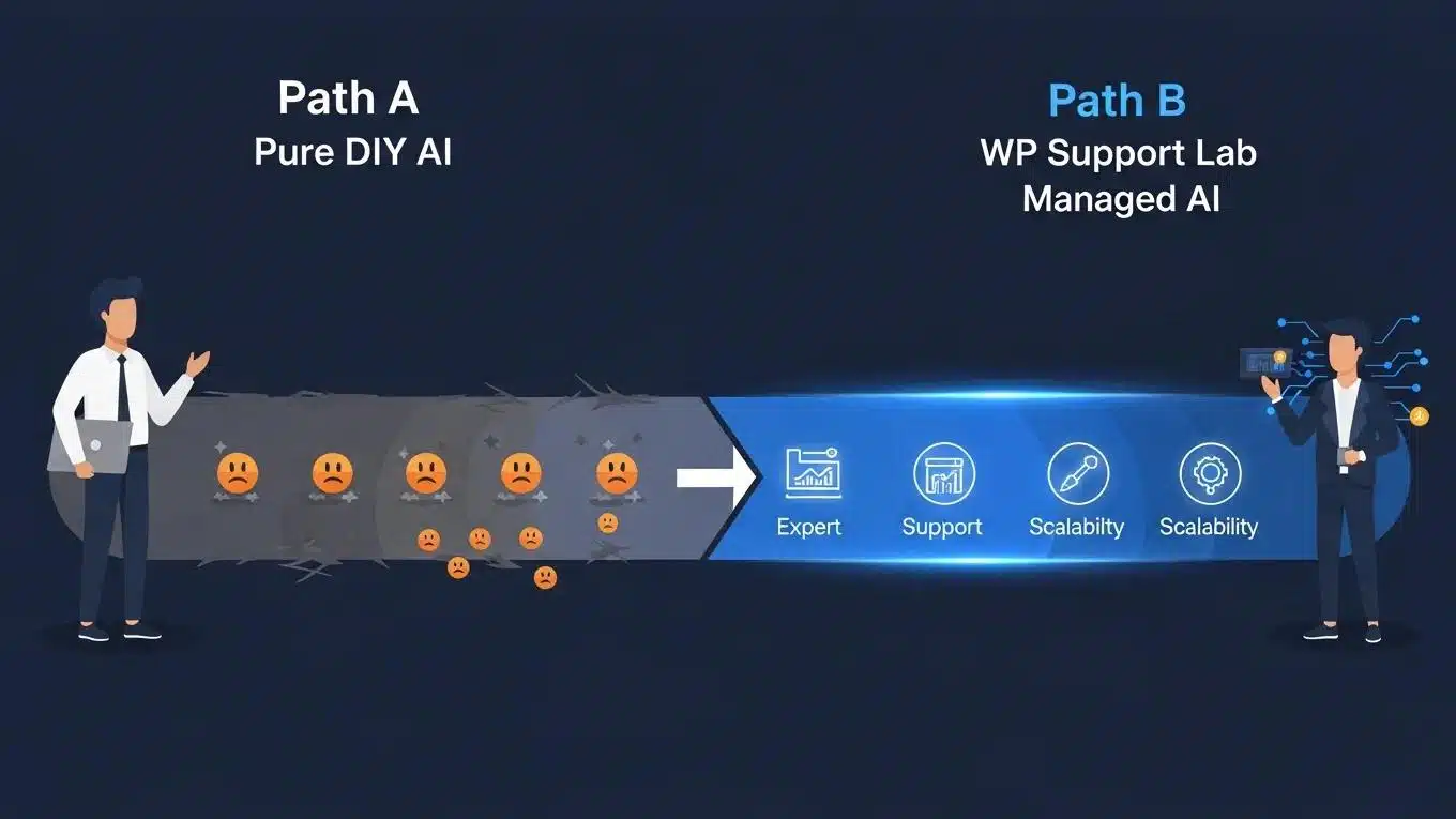 AI Speed + Human Precision: Why Managed AI Website Creation is the Future for SMBs 2 Comparison of SMB paths in website creation: DIY AI versus managed AI by WP Support Lab