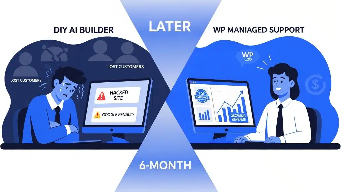 The Hidden Risk of DIY AI Website Builders for Small Businesses in the USA 2 Comparison of two business owners six months later: one struggling with DIY AI builder and the other thriving with WP Support Lab managed support