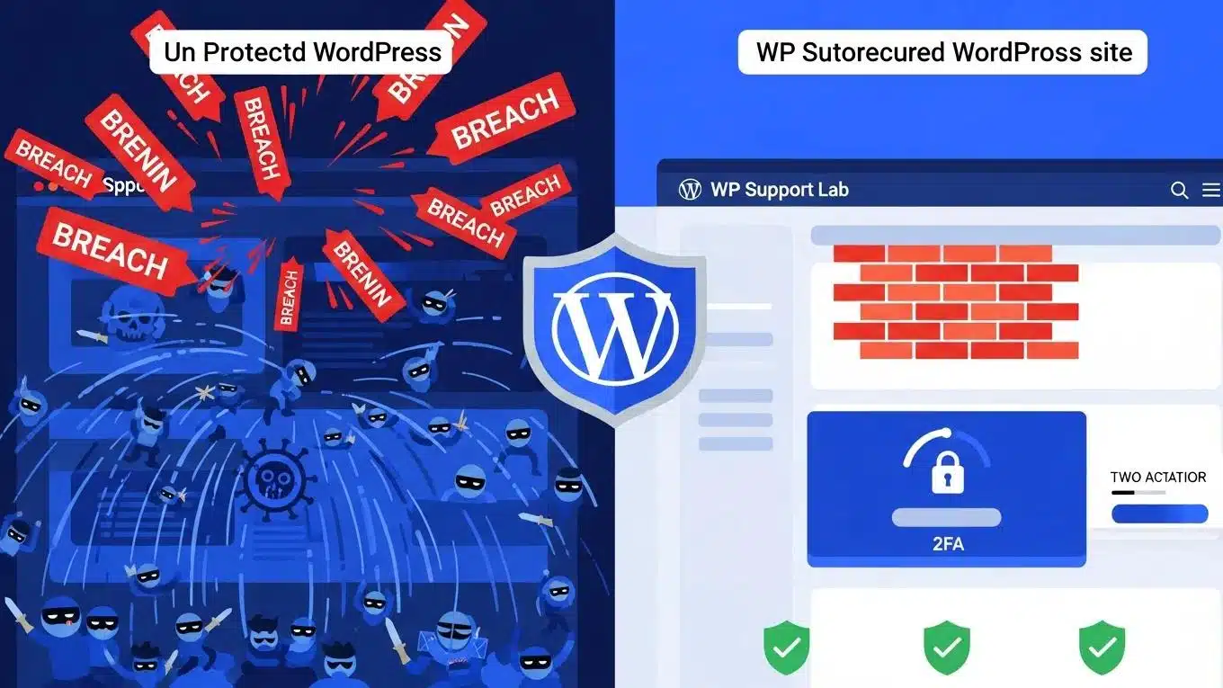 WordPress Security 2026 2 Comparison of unprotected and WP Support Lab-secured WordPress site highlighting security features and threats