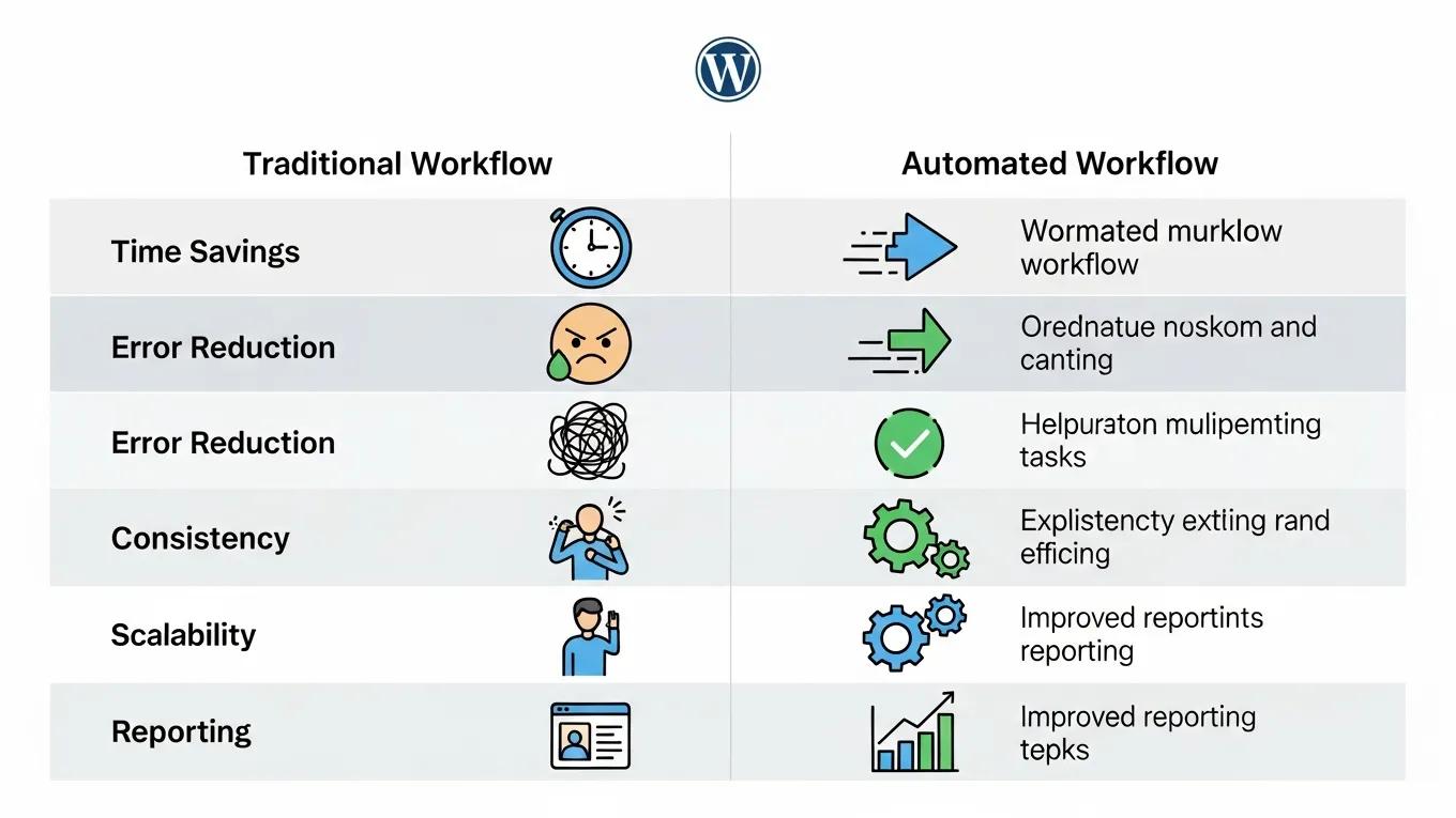 Automating WordPress Workflows with Plugins: 5 Powerful Methods 2 Comparison table illustrating benefits of WordPress workflow management automation